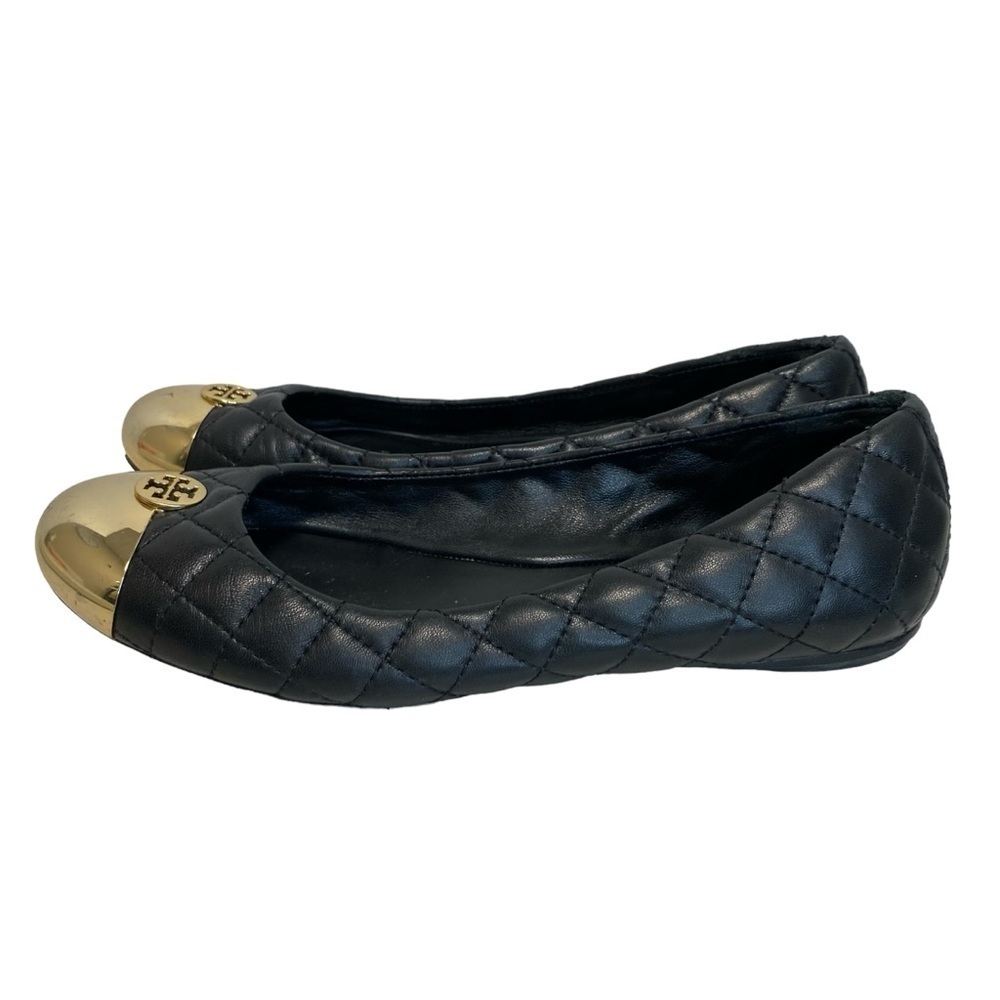 Tory Burch Cap Toe Quilted Leather Ballet Flats Black Gold 7